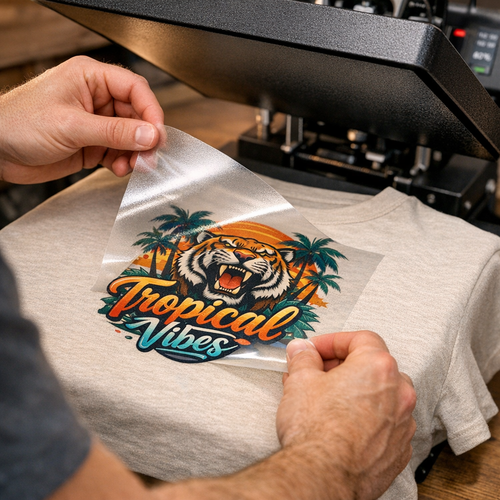 DTF transfer being peeled from a shirt