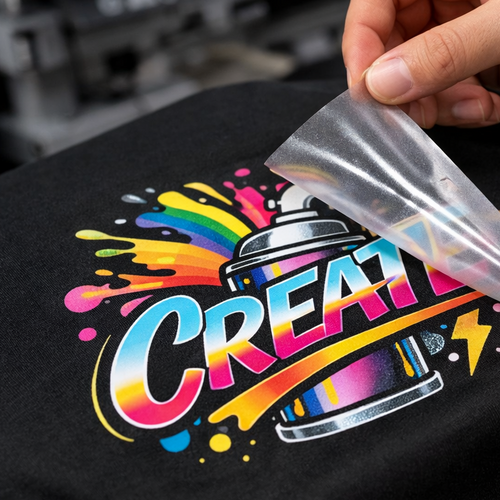 Vibrant DTF transfer reveal on black apparel